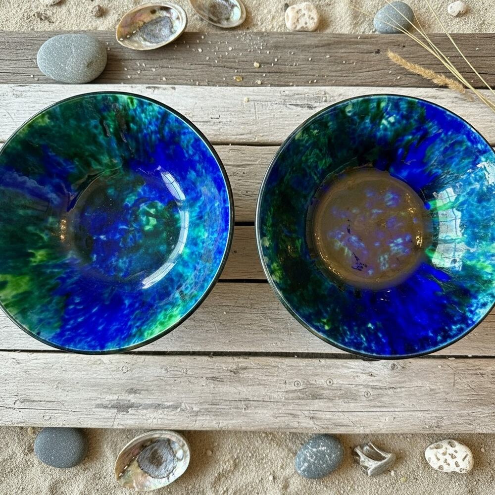 Vintage Stangl Art Pottery Mediterranean Bowls-Pair-Blue Green-Vintage-Coastal